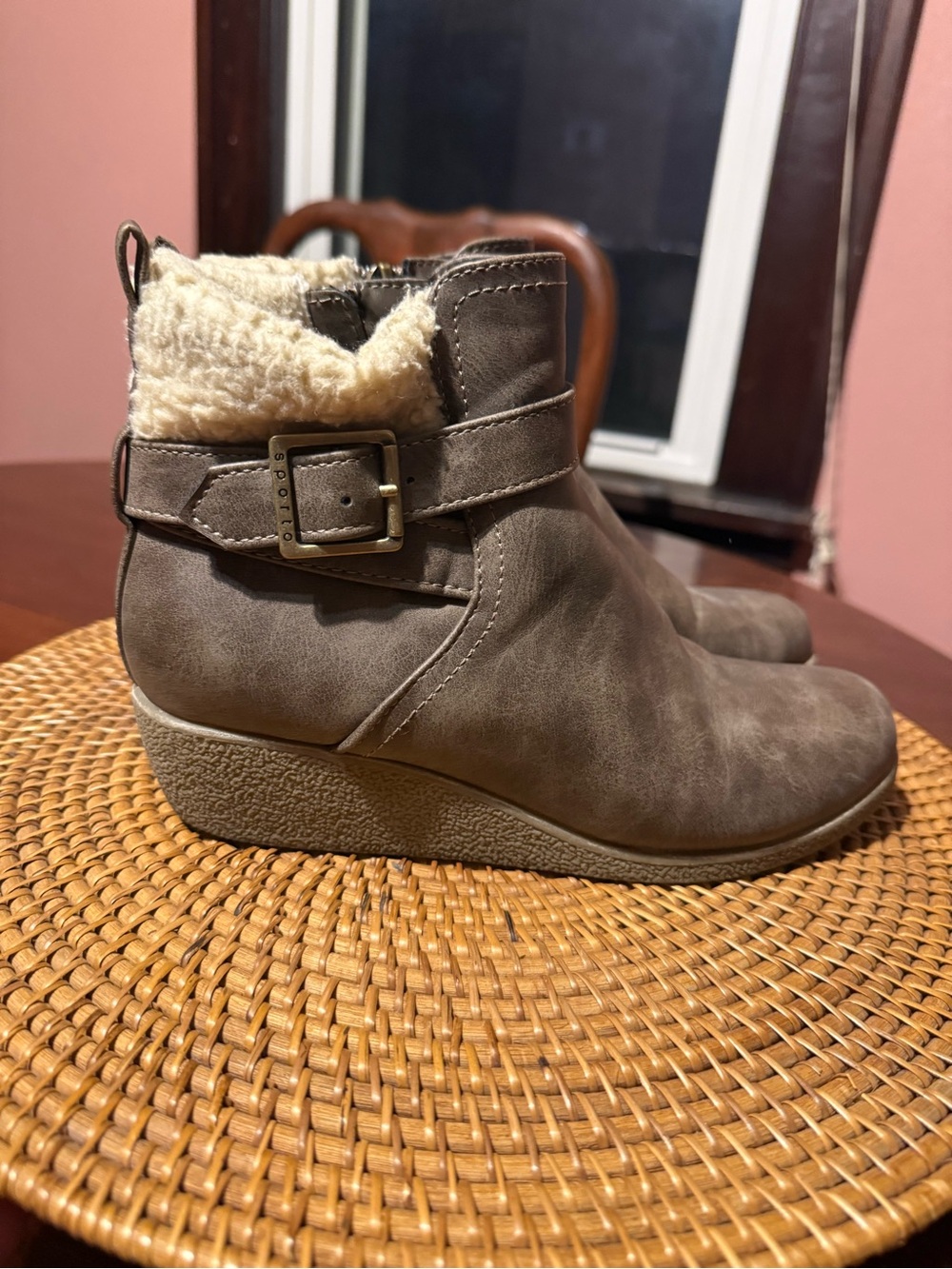 Sporto Taupe Faux Leather Ankle Bootie with Shearling Cuff - Picture 4 of 9